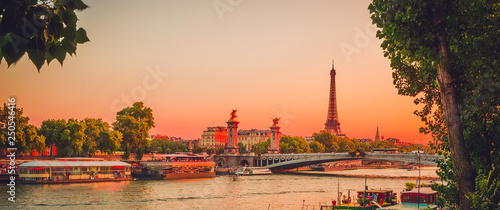 Sunset view of  Eiffel Tower, Alexander III Bridge and river Seine in Paris, France. © Olena Zn