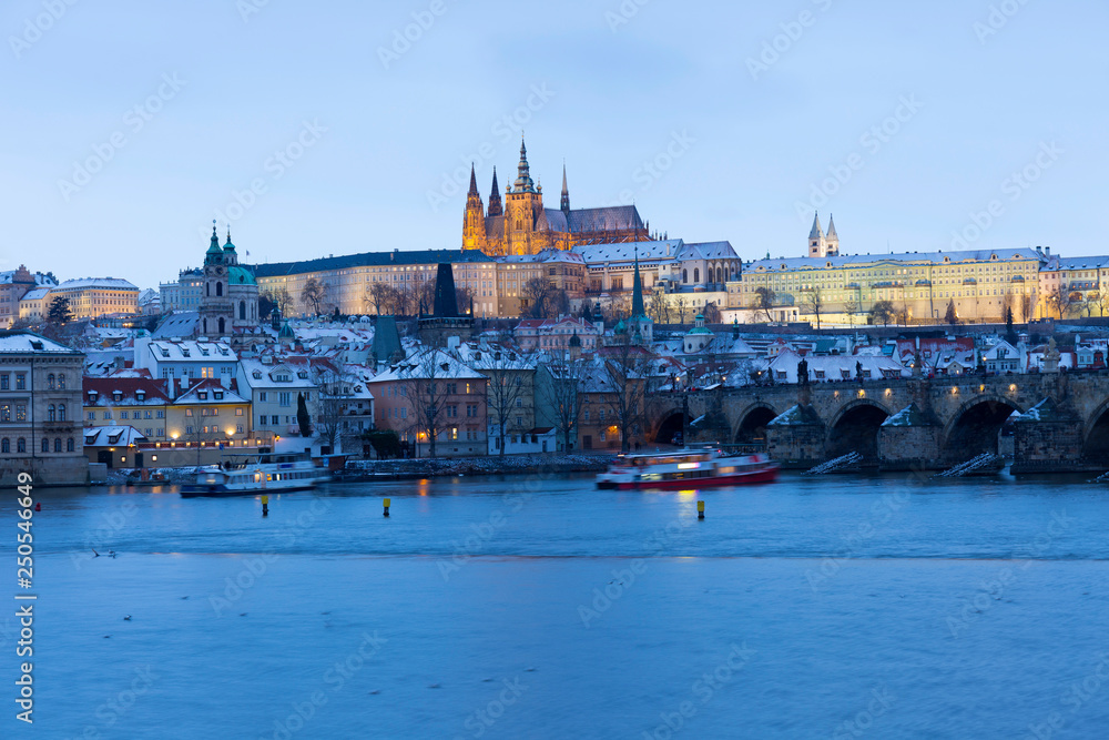 Prague gothic Castle with the Lesser Town and Charles Bridge above River Vltava in the Night, Czech Republic