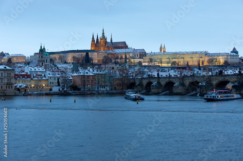 Prague gothic Castle with the Lesser Town and Charles Bridge above River Vltava in the Night, Czech Republic