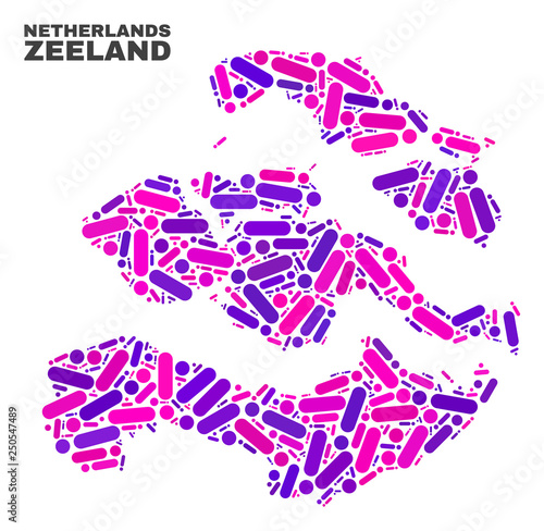 Mosaic Zeeland Province map isolated on a white background. Vector geographic abstraction in pink and violet colors. Mosaic of Zeeland Province map combined of random circle points and lines. photo