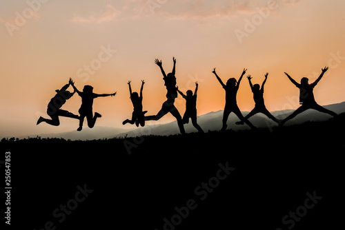 silhouettes  Group of happy people playing at summer sunset in nature