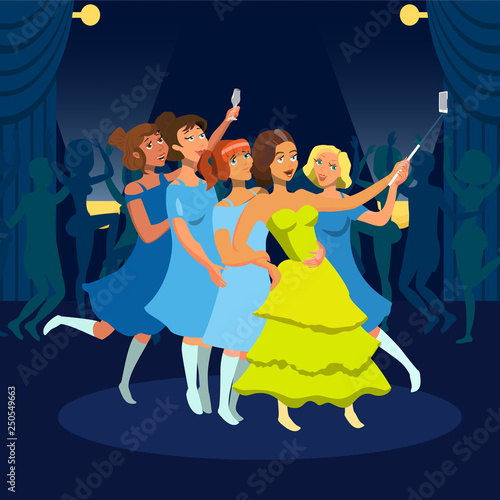 Young Girls taking Selfie Cartoon Illustration