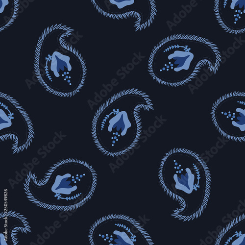 Hand drawn indigo blue flower paisley damask illustration. Seamless vector pattern all over print with traditional arabic indian style foulard drop motif. Decorative shawl design, elegant home decor.