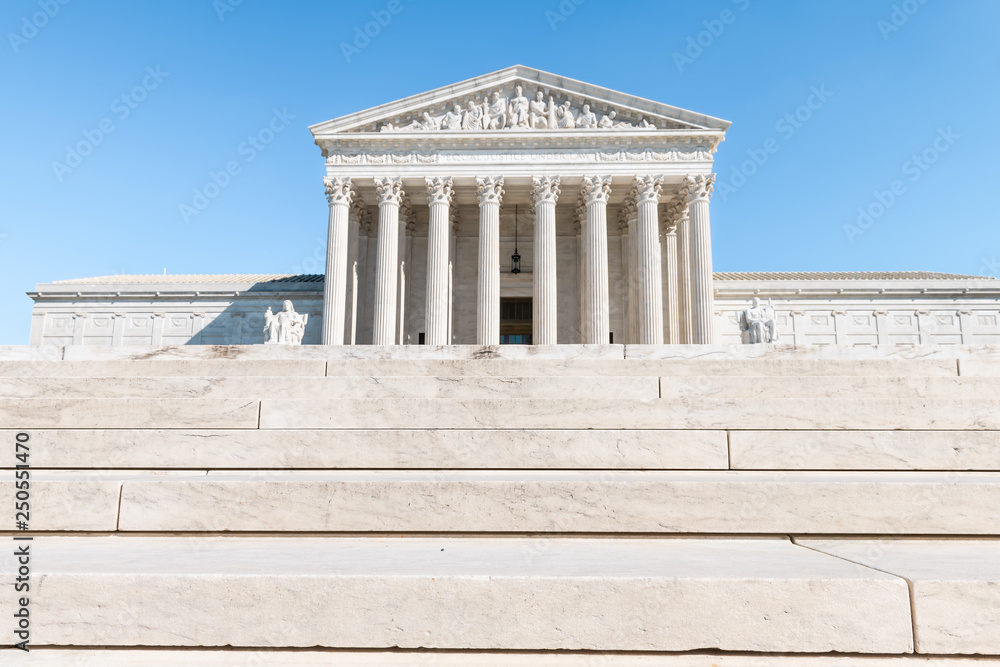 Washington DC, USA steps stairs of Supreme Court marble building architecture on Capital capitol hill with columns pillars