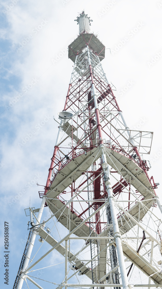 Lviv, Ukraine closeup of historic Ukrainian city in old town during sunny day High Castle Hill Television Tower isolated low angle view