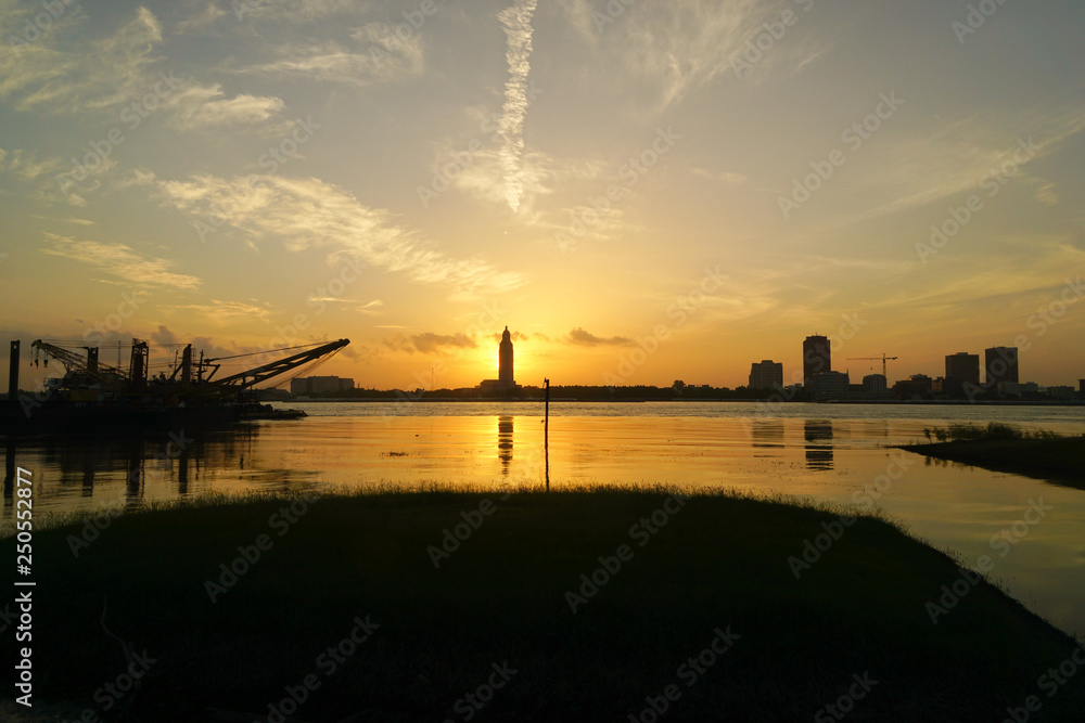 Sunrise reflections over Baton Rouge and Mississippi river