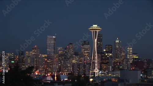 View of Space Needle tower at night in Seattle United States