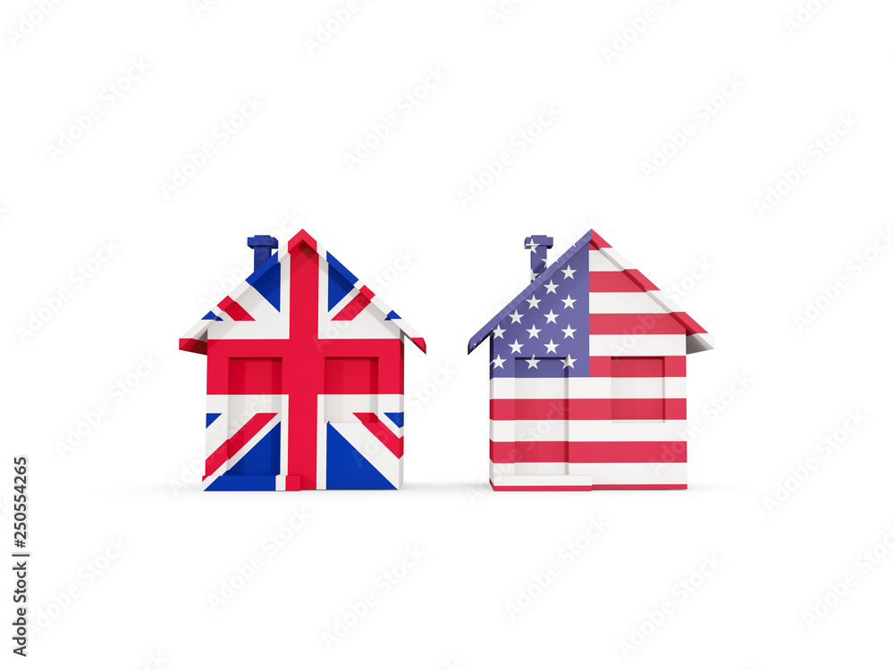 Fototapeta premium Two houses with flags of United Kingdom and United States