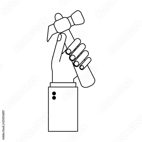 hand with hammer tool cartoon black and white