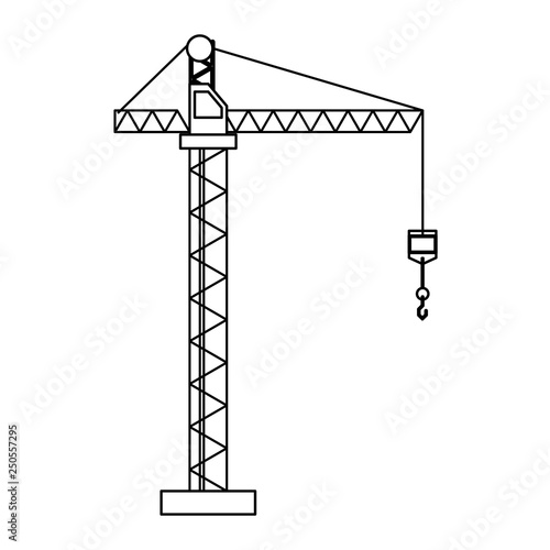 Construction crane with hook tower black and white