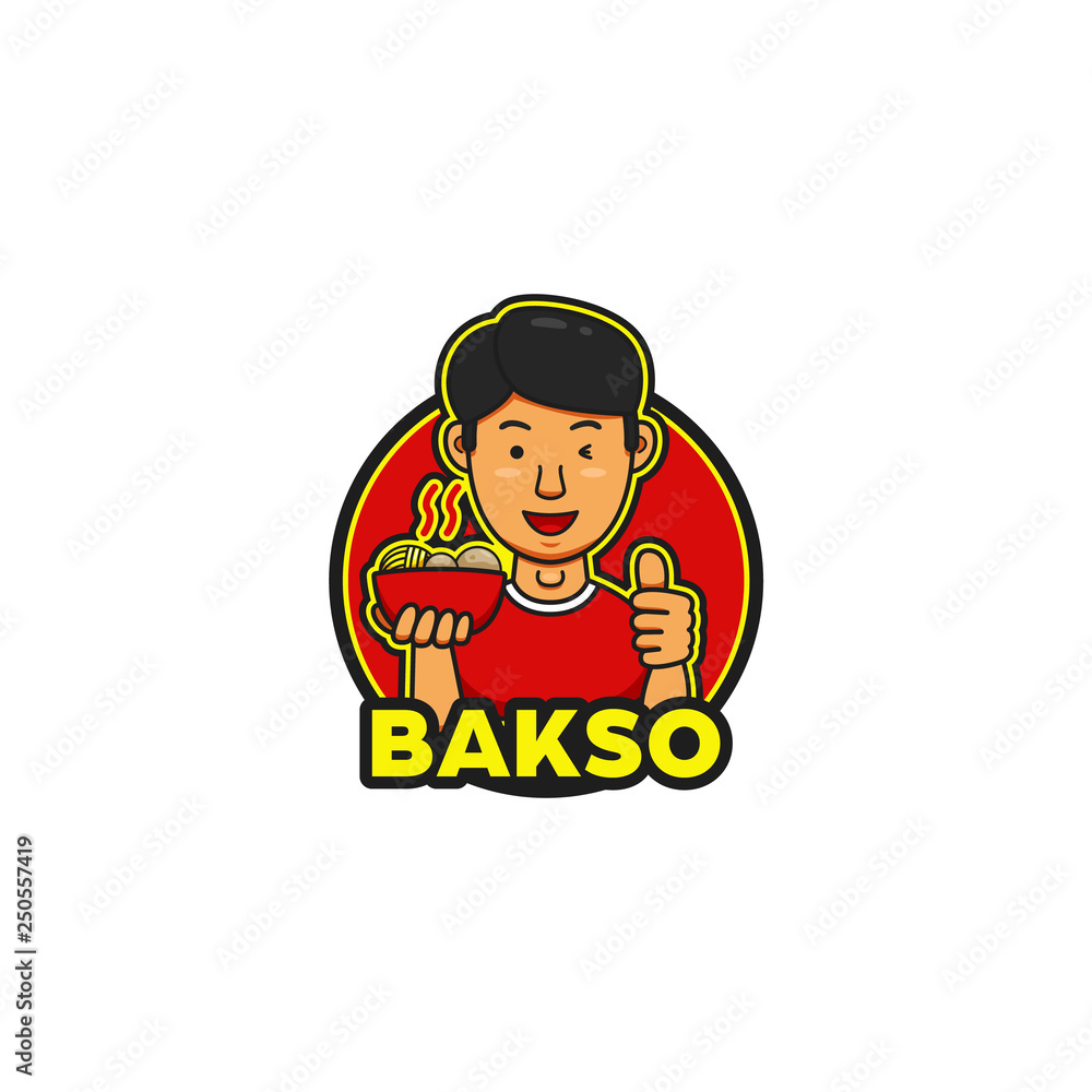 Yummy Tasty Bakso Logo With Young Handsome Character Mascot Show Thumb
