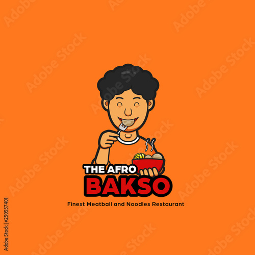 The afro bakso noodles logo mascot with male afro hair character eating meatball