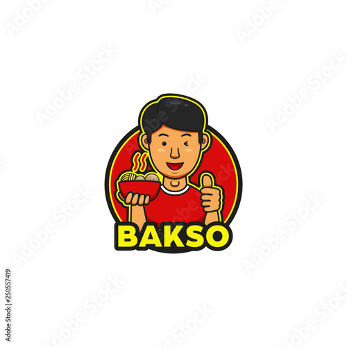 Yummy tasty bakso logo with young handsome character mascot show thumb of good taste and recommended