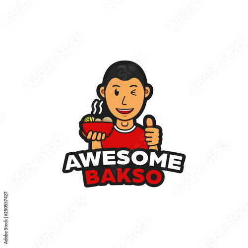 Awesome good bakso meatball and noodles logo mascot character with bald head of bakso indonesia cuisine