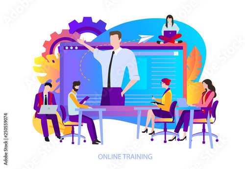 Online training, distance and e-learning, webinar. People learn, improve skills by internet about business.
