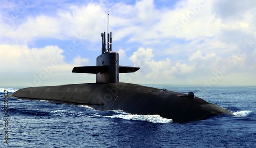 Naval submarine on open blue sea surface