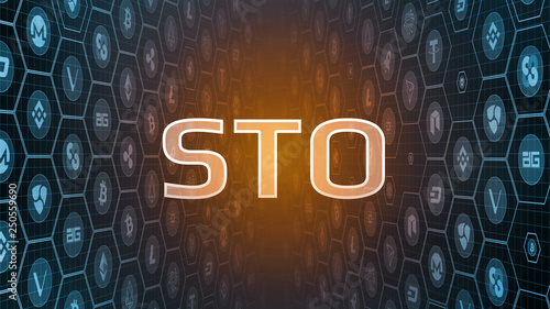 3D Rendering of glowing Security Token Offering (STO)  text on perspective digital crypto currency coins background. Alternative for investor to ICO. For token promoting, news headline photo