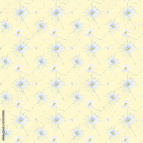 Abstract watercolor illustration of chamomiles . Isolated on yellow background.Seamless pattern