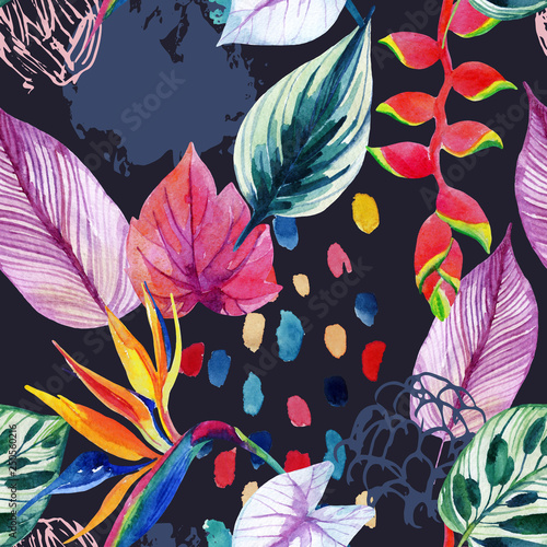 Hand drawn abstract tropic summer background: watercolor colorful leaves, flo...