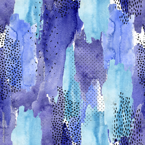 Abstract watercolor and ink doodle shapes seamless pattern