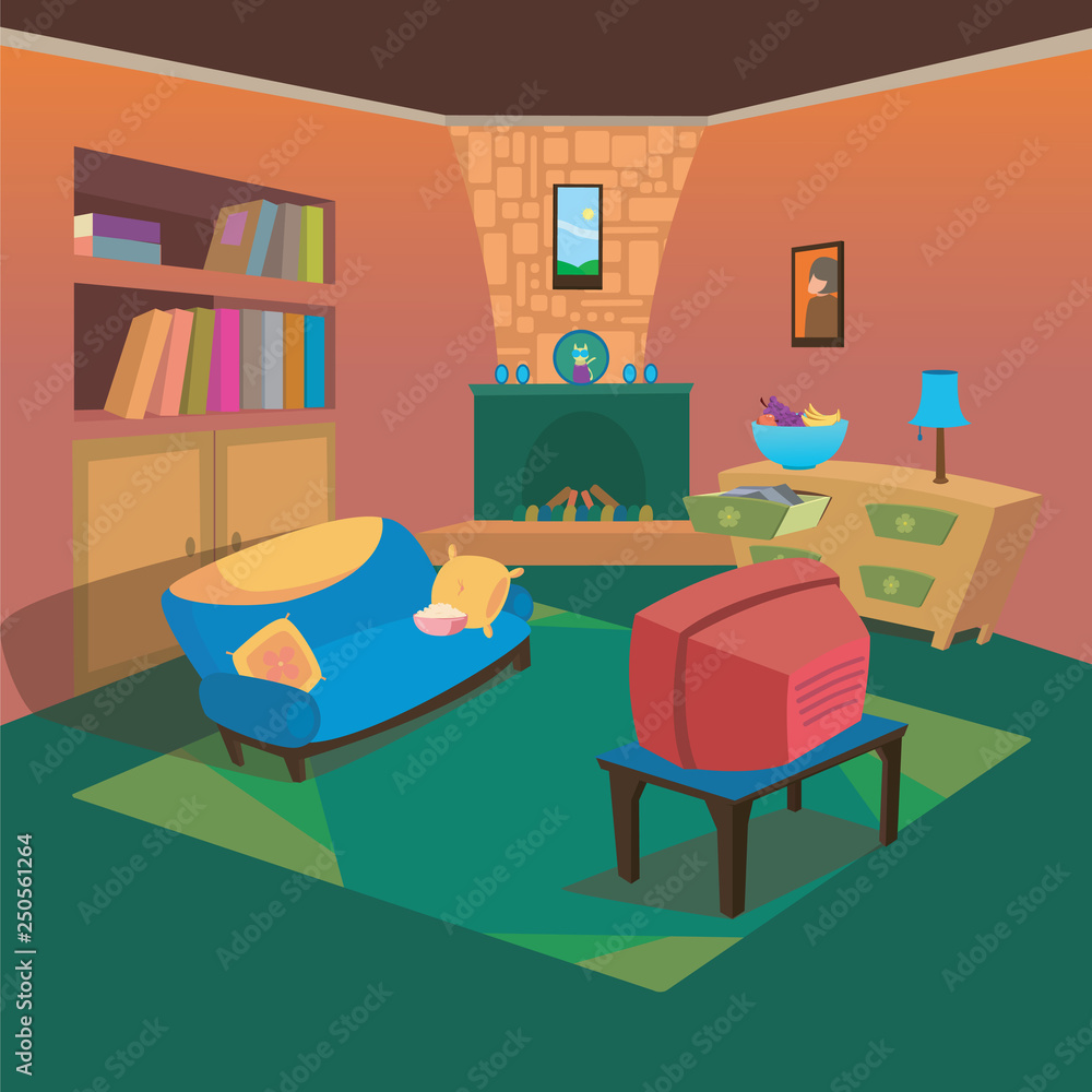 Clean TV Living Room at Home with Cartoon Style Background for Children Vector Ilustration Concept Ideas