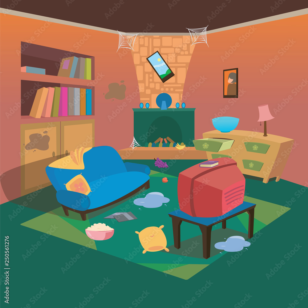 Dirty TV Living Room at Home with Cartoon Style Background for Children Vector Ilustration Concept Ideas