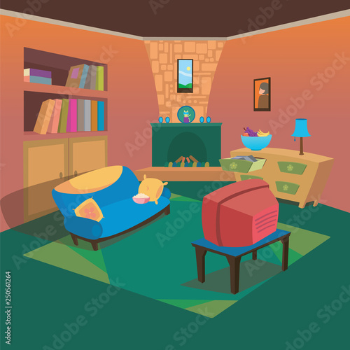 Clean TV Living Room at Home with Cartoon Style Background for Children Vector Ilustration Concept Ideas