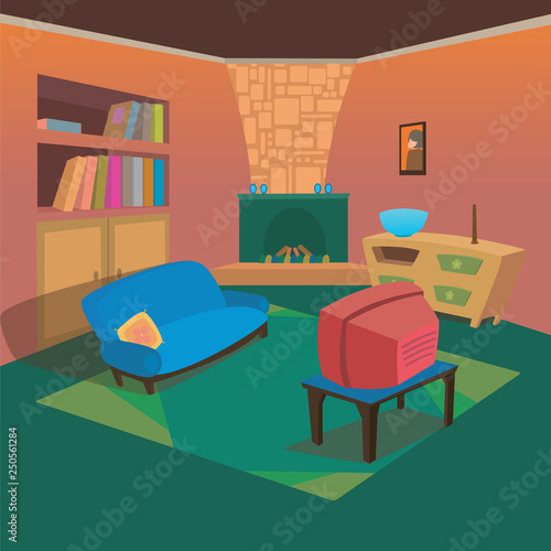 TV Living Room at Home with Cartoon Style Background for Children Vector Ilustration Concept Ideas
