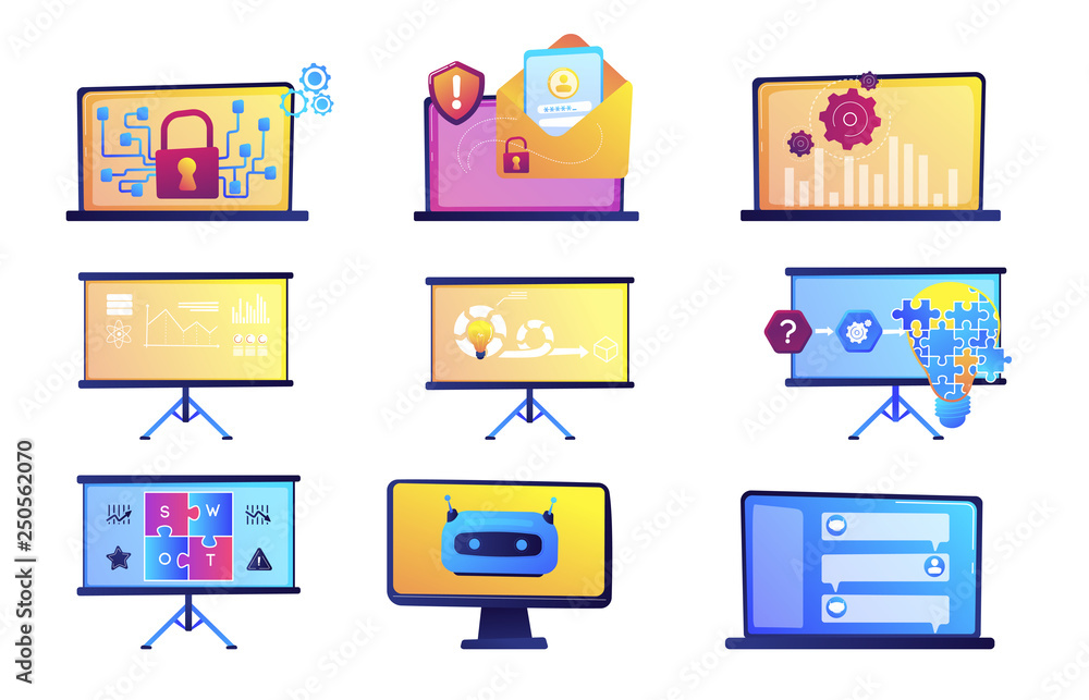 Business presentation and data protection vector illustrations set. Business presentation and data protection vector illustrations set.