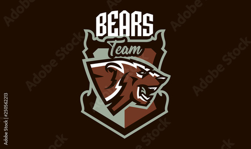 Colorful emblem of an aggressive bear. Sports logo bear. Forest predator, wild beast. Vector illustration