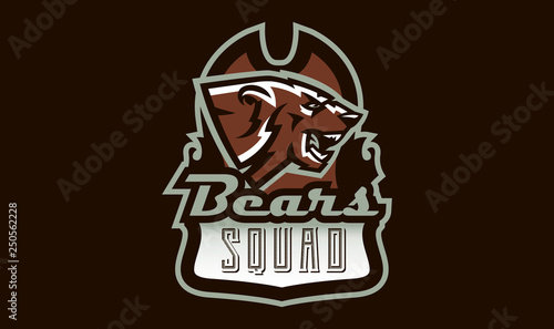 Colorful emblem of an aggressive bear. Sports logo bear. Forest predator, wild beast. Vector illustration