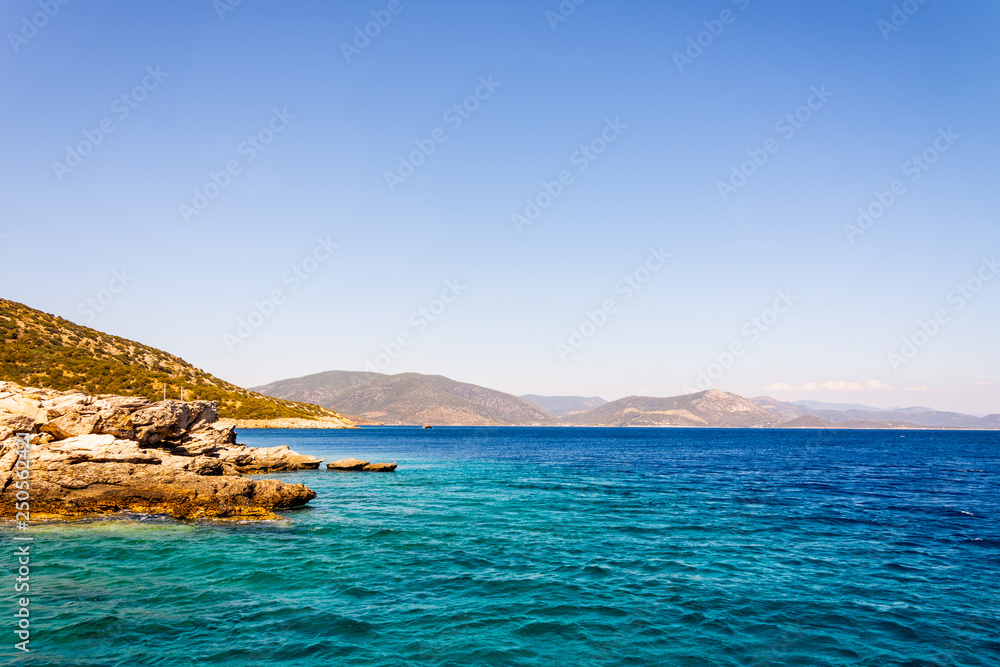Beautiful landscape of the small island and Aegean sea in the city of Bodrum