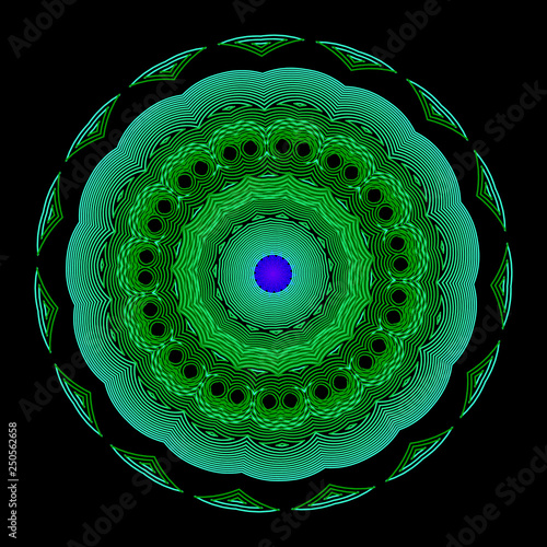 Illuminated colorful mandala pattern. Neon blurred line art tracery abstract flower ornament. Floral vector background. Geometric shapes, radial lines, halftone. Blurred green mandala design.