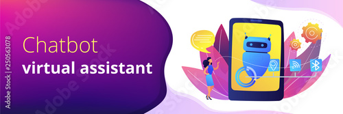 Chatbot virtual assistant via messaging concept banner header.