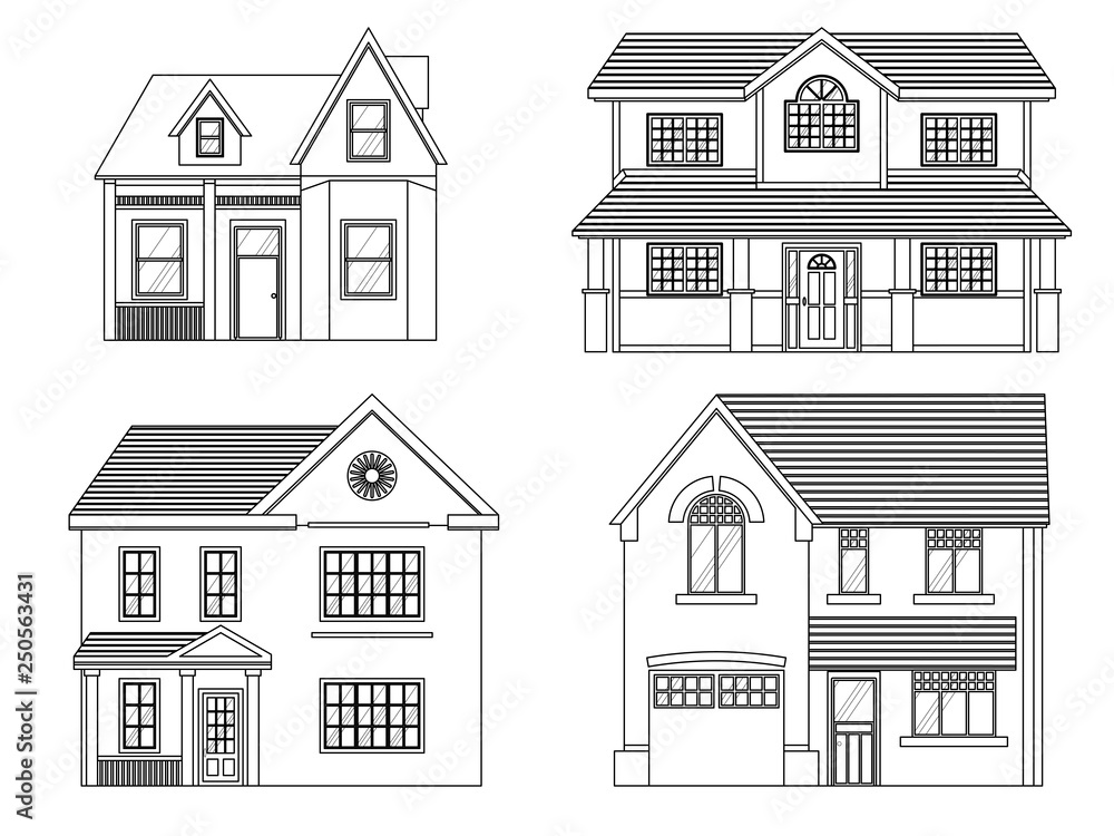 Cottage houses isolated on white background. Front view.  Vector Illustration in Flat Style