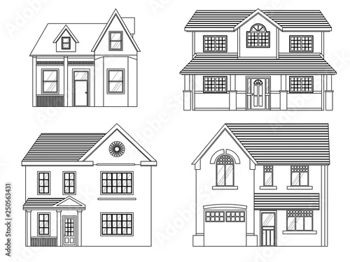 Cottage houses isolated on white background. Front view.  Vector Illustration in Flat Style
