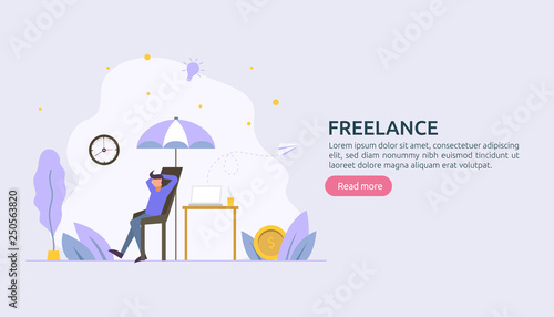 Freelance concept. freelancer teleworking or work at home. people character working with laptop. flat template for web landing page, banner, presentation, social, and print media. Vector illustration.