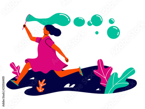 Summer activity, girl running playing with bubble blower