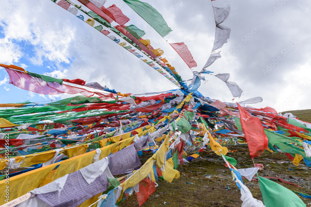 Φωτογραφία Colorful prayer flags at the Mila Mountain Pass (between the Lhasa Prefecture and the Nyingchi Prefecture) at the altitude of 5200m ,Tibet, China