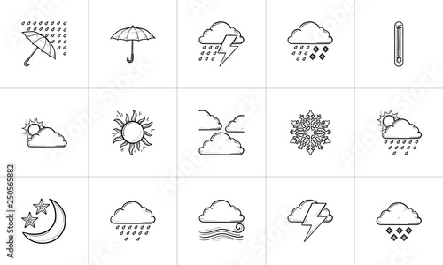 Weather forecast hand drawn outline doodle icon set.