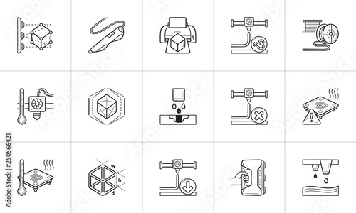 3D printing technology hand drawn outline doodle icon set.