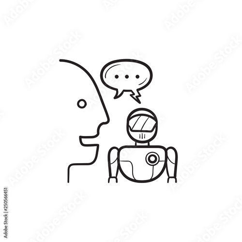 Human and robot communication hand drawn outline doodle icon.