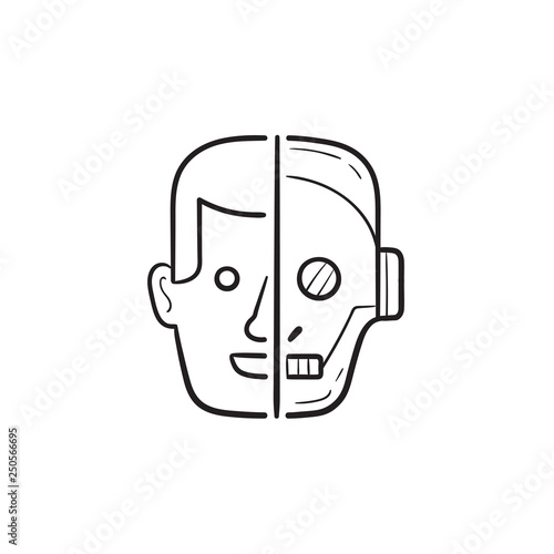 Half human half robot head hand drawn outline doodle icon.