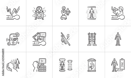 Future technology and futuristic medicine hand drawn outline doodle icon set.