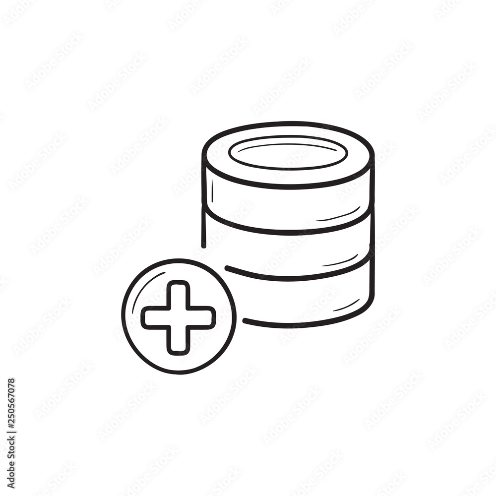 Database with plus hand drawn outline doodle icon. Database with plus hand drawn outline doodle icon.