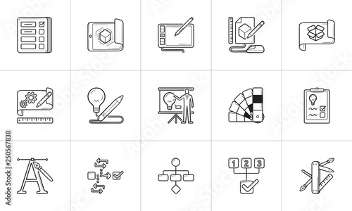 Project and graphic design hand drawn outline doodle icon set.
