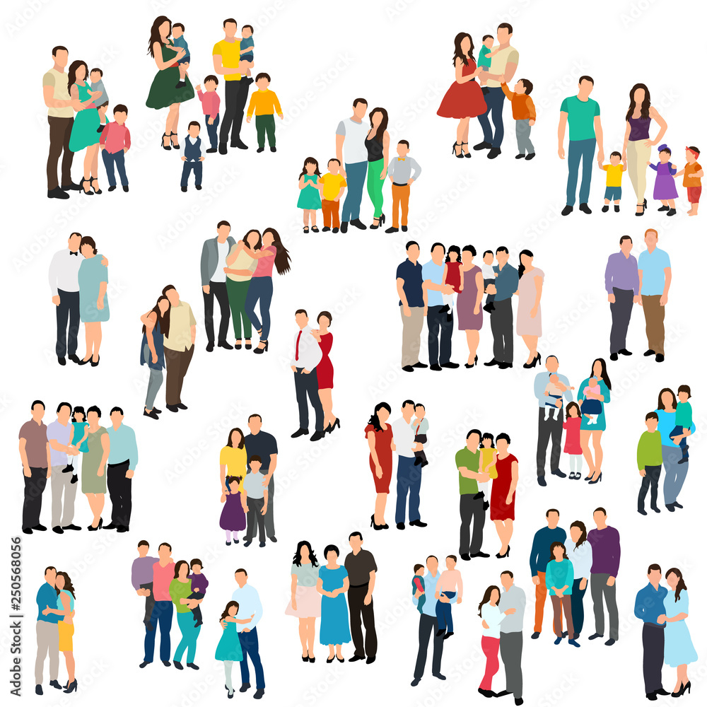 vector, isolated, flat style, people without faces, family, parents and children, set