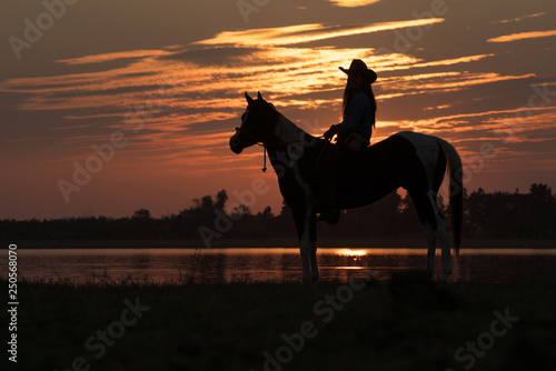 Silhouette cowboy ride a horse in during sunset