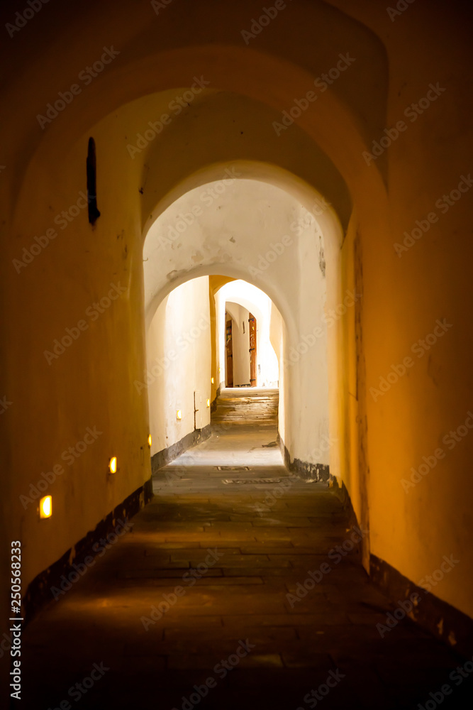 Narrow white washed passageway in the town of Amalfi on the Amalfi Coast, Southern Italy