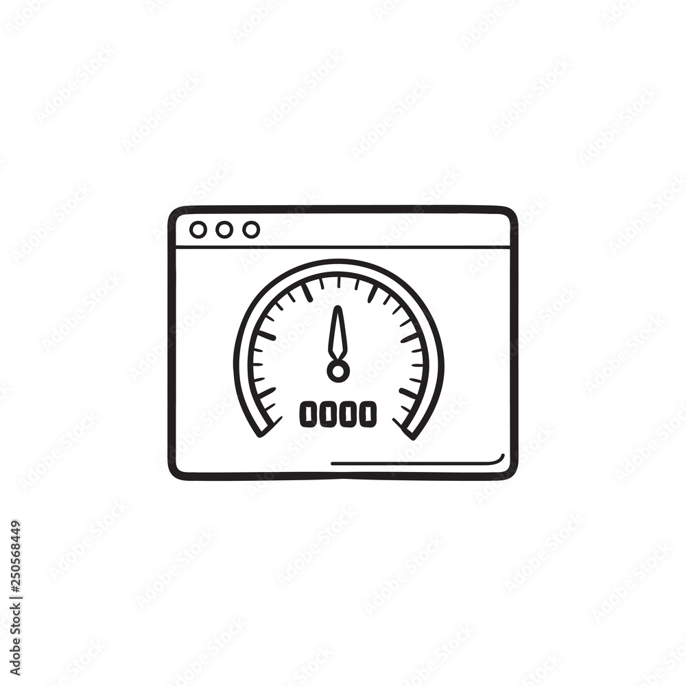Webpage with speedometer inside hand drawn outline doodle icon. Webpage with speedometer inside hand drawn outline doodle icon.